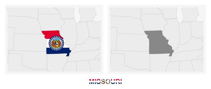 Two versions of the map of US State Missouri, with the flag of Missouri and highlighted in dark grey. vector