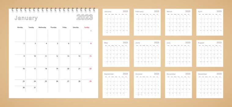 Simple wall calendar 2023 year with dotted lines. The calendar is in English, week start from Monday. vector