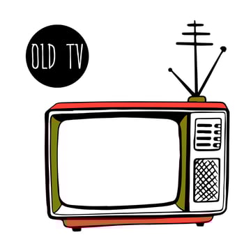 square old TV with an antenna. Antique TV in a classic wooden case, in sketch style. Leisure and entertainment. Appliances. style of the 80s. Old-style technology. vector