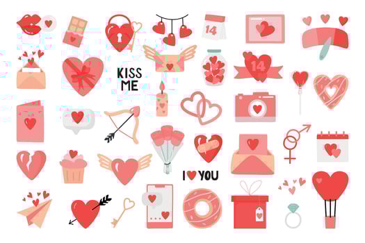 Vector illustration with cute stickers pack in cartoon style with love symbols for valentine's day. Large collection of clip arts.