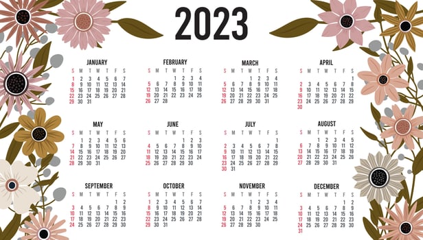Calendar 2023 with 12 months. Sunday week start annual calendar. Single page calendar template with hand drawn boho plants and flowers. vector illustration