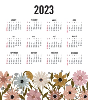Calendar 2023 with 12 months. Sunday week start annual calendar. Single page calendar template with hand drawn boho plants and flowers. vector illustration
