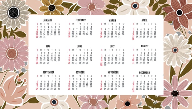 Calendar 2023 with 12 months. Sunday week start annual calendar. Single page calendar template with hand drawn boho plants and flowers. vector illustration