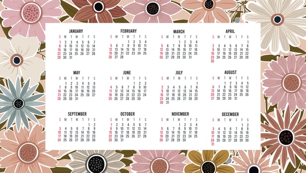 Calendar 2023 with 12 months. Sunday week start annual calendar. Single page calendar template with hand drawn boho plants and flowers. vector illustration