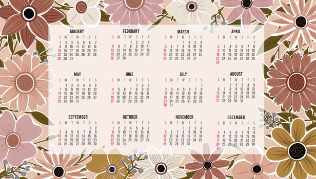 Calendar 2023 with 12 months. Sunday week start annual calendar. Single page calendar template with hand drawn boho plants and flowers. vector illustration