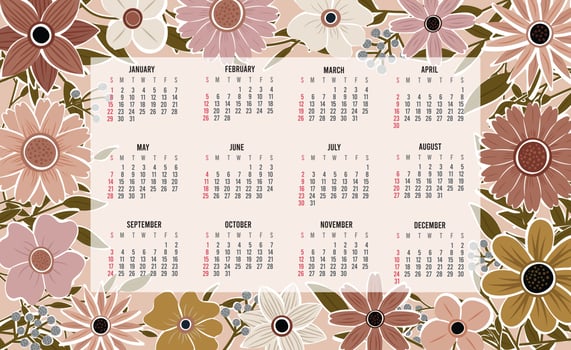 Calendar 2023 with 12 months. Sunday week start annual calendar. Single page calendar template with hand drawn boho plants and flowers. vector illustration