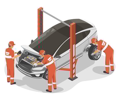 Car Tires Service center Red Team Inspection Inspector Auto Engineer and Motor Technician Maintenance and Repair isometric vector isolated