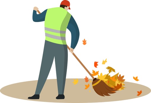 Man Janitor Sweeping Road from Leaves with Broom Flat Vector Illustration, autumn season, A man sweeping and cleans fallen leaves, autumn activities concept illustration, street cleaner janitor