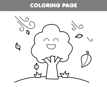Education game for children coloring page of cute cartoon tree and leaves blowing in the wind line art printable nature worksheet vector