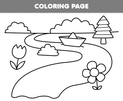 Education game for children coloring page of cute cartoon riverside scene with flower and tree line art printable nature worksheet vector