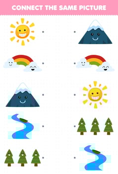 Education game for children connect the same picture of cartoon sun rainbow mountain river tree printable nature worksheet vector