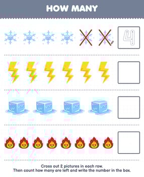 Education game for children count how many cute cartoon snowflake thunder ice fire and write the number in the box printable nature worksheet vector