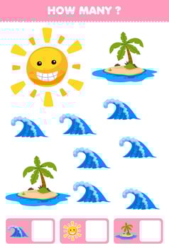 Education game for children searching and counting how many objects of cute cartoon wave sun and island printable nature worksheet vector