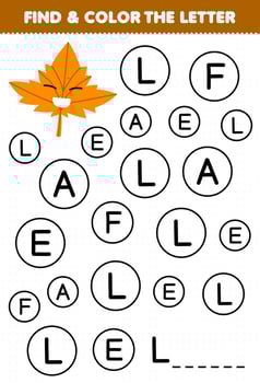 Education game for children find and color letter L for leaf printable nature worksheet vector