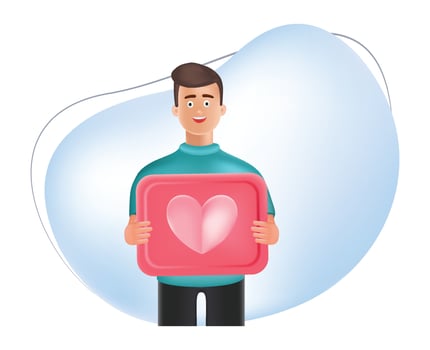 3d cartoon man holding a pink board with heart symbol. Handsome cartoon character man in blue shirt holding red like icon with heart shape symbol isolated over white background vector