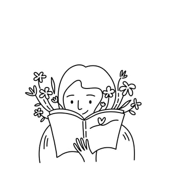 Isolated of a woman reading book, black outline cartoon. vector