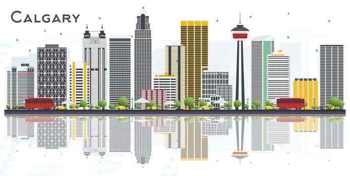 Calgary Canada City Skyline with Gray Buildings and Reflections on White Background. vector