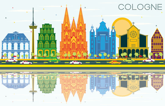 Cologne Germany City Skyline with Color Buildings, Blue Sky and Reflections. vector