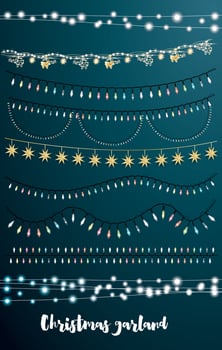 Christmas String Lights Set. New Year Neon Garland. vector