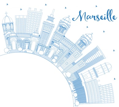 Outline Marseille France City Skyline with Blue Buildings and Copy Space. vector