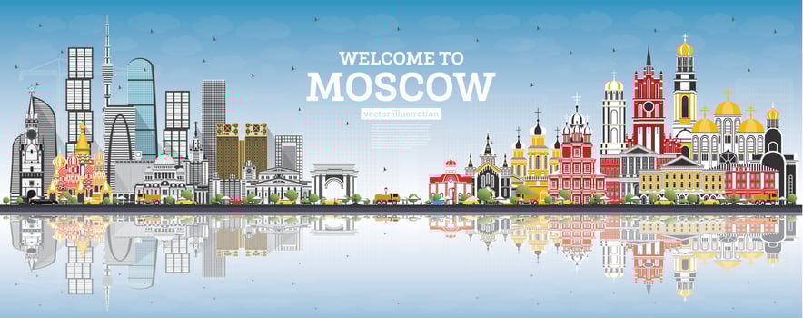 Welcome to Moscow Russia Skyline with Gray Buildings, Blue Sky and Reflections. vector