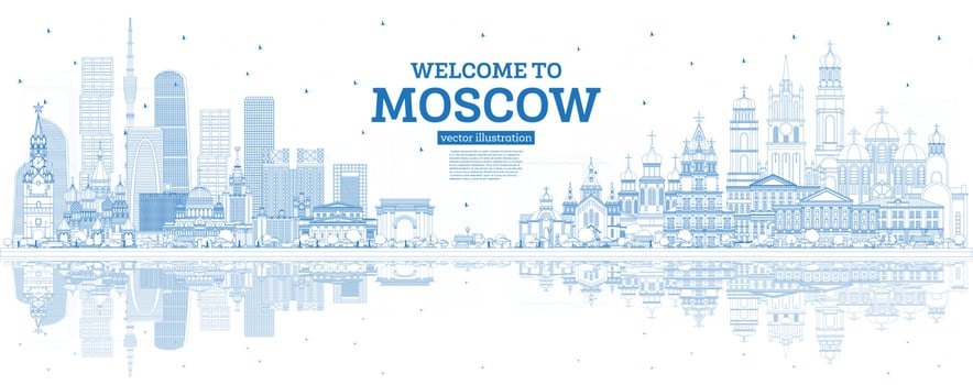 Outline Welcome to Moscow Russia Skyline with Blue Buildings and Reflections. vector