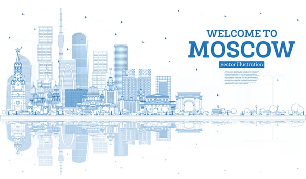 Outline Welcome to Moscow Russia Skyline with Blue Buildings and Reflections. vector