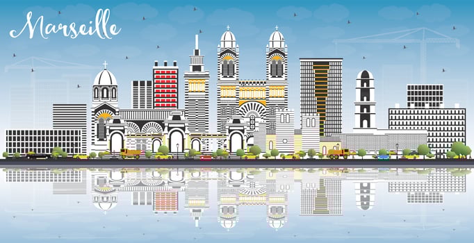 Marseille France City Skyline with Gray Buildings, Blue Sky and Reflections. vector