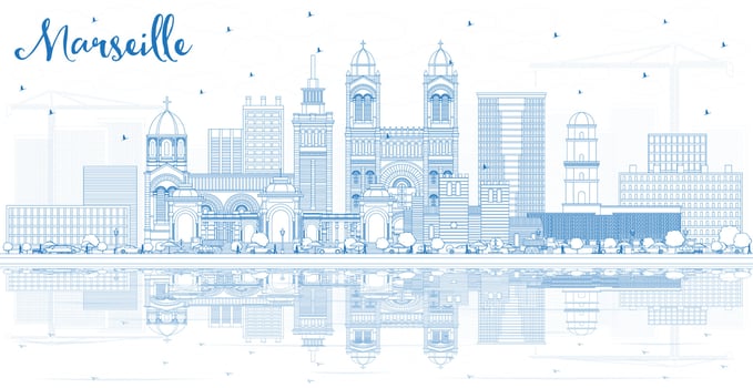 Outline Marseille France City Skyline with Blue Buildings and Reflections. vector