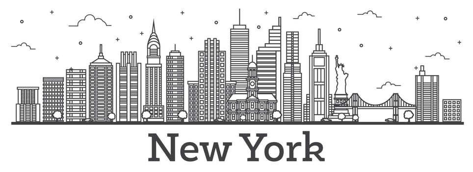 Outline New York USA City Skyline with Modern Buildings Isolated on White. vector