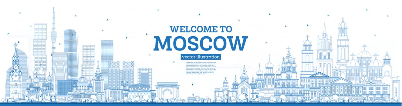 Outline Welcome to Moscow Russia Skyline with Blue Buildings. vector