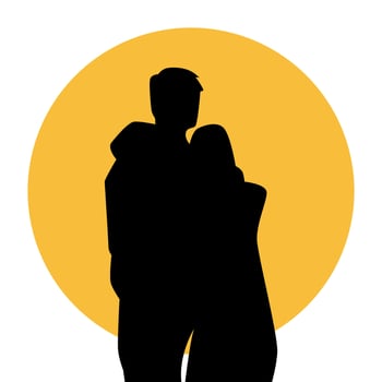 couple silhouette. lover boy and girl. orange sunset background. family relationship. vector black and white illustration.