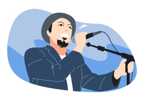 singer, musicians in hats are singing. holding the microphone. blue background. half body. concept and theme of singers, bands, etc. vector flat colored illustration.