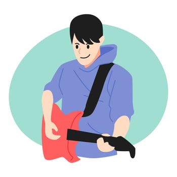 little boy wearing sweater playing guitar. cartoon style. vector illustration.