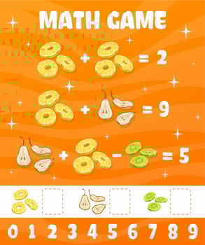 Pear, kiwi and pineapple dried fruits math game vector