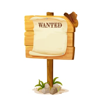 Cartoon wild west wanted board, blank game banner vector