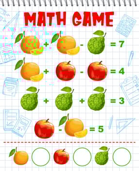 Orange, bergamot and peach fruits math game page vector