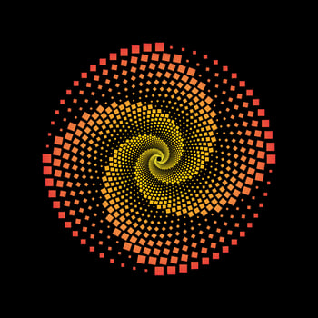 Red and yellow dotted squares spiral vortex circle vector. Squarish dots circular swirl pattern logo. vector
