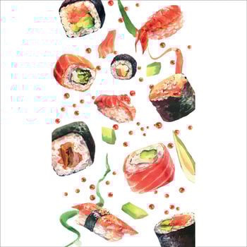 Watercolor pattern with sushi. Food abstract background. Flying sushi, sashimi and rolls isolated on the white background. vector