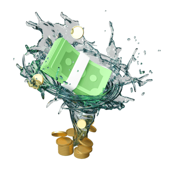banknote stack, pile coins with twister isolated. investment, business finance, manipulate stocks, make money, speculate stock concept, 3d illustration render png