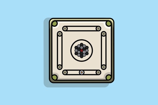 Carrom Board and Coins vector illustration. Sports object icon concept. Flat surface of carrom board with goal hole vector design on blue background. Carrom board sport game for friends and family.