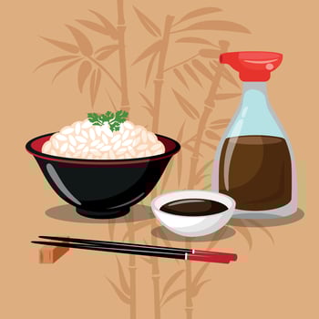 Asianfood. A Cup Of White Rice And Soy Sauce. Brown Beautiful Background With Bamboo. Japanese Style vector