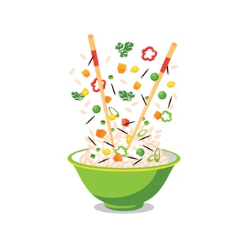 Asian Food. A Cup Of White Rice With Vegetables. Image In Japanese Style. Traditional Food vector