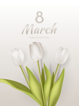 8 March greeting banner, white realistic tulip flower bouquet background. Poster, flyer, greeting card, website header vector Illustration. Template for advertising, web, social media pastel color.