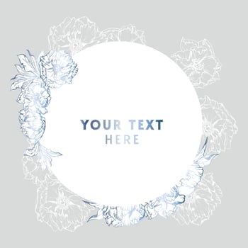 Hand drawn vector square frame wreath arrangement with peony flowers, buds and leaves. Isolated on white background. Design for invitations, wedding or greeting cards, wallpaper, print, textile