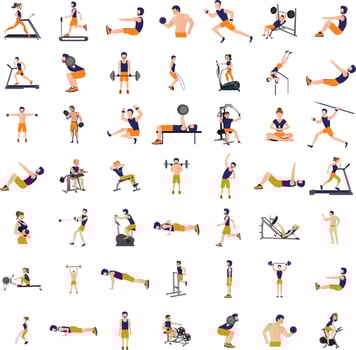 Different cartoon people exercising at modern gym vector flat illustration. Athletic man and woman on training apparatus have various physical exercises enjoy sport activity