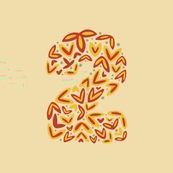 Number 2, folk floral number with leaves and branches. Hand drawn vector illustration