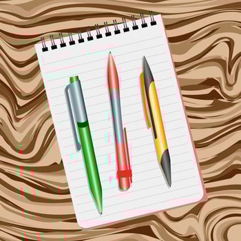Notebook, green pen, red pen and yellow pen on a wooden table vector