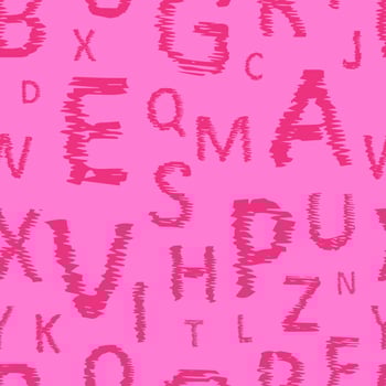 Doodle alphabet seamless background. Endless vector pattern with pink letters on a pink background.