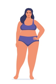 Body positive woman in underwear. Plus size female character. Attractive curvy, overweight girl. Oversize obesity, pretty large lady in beautiful fashionable clothes. Vector illustration.